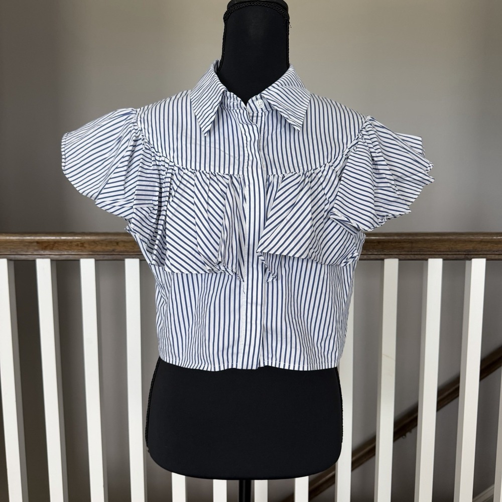 AKIRA Ruffle Crop Poplin Button Up Top XL Western Cowgirl Feminine Coquette